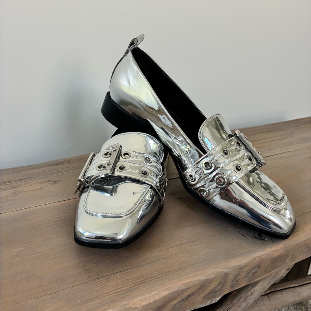 Mix No. 6 Metallic Silver Loafers with Eyelet Buckle. Never been worn.
